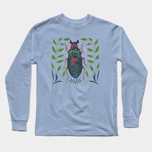 Pretty Whimsical Beetle Insect Art with flowers Long Sleeve T-Shirt